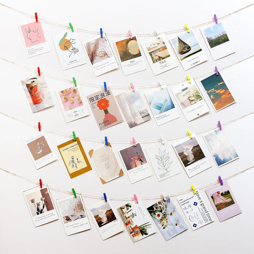 Mini Clothespins for Photos,100pcs Clothes Pins Wooden,Colorful Clothespins with Jute Twine, Small Clothes Pins Tiny Clothespins for Photos, Crafts, Pictures