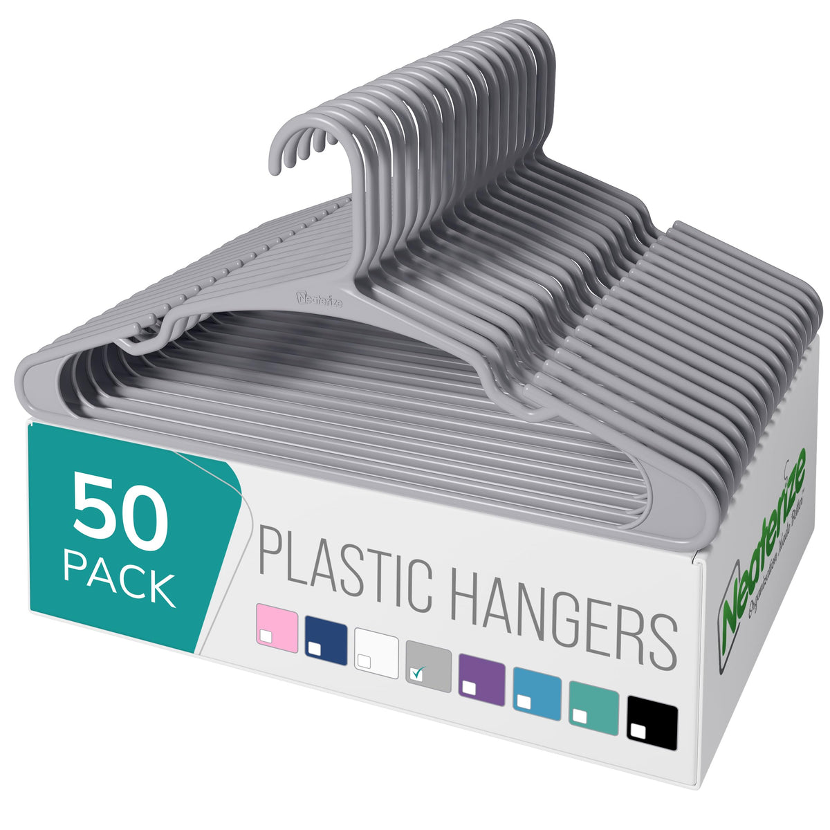 NEATERIZE Clothes Hangers Plastic 50 Pack for Adults - Plastic Hangers, The Perfect Coat Hanger and Space Saving Clothes Hangers for Closet, Percheros Ganchos para Colgar Ropa Hangars - White Hangers