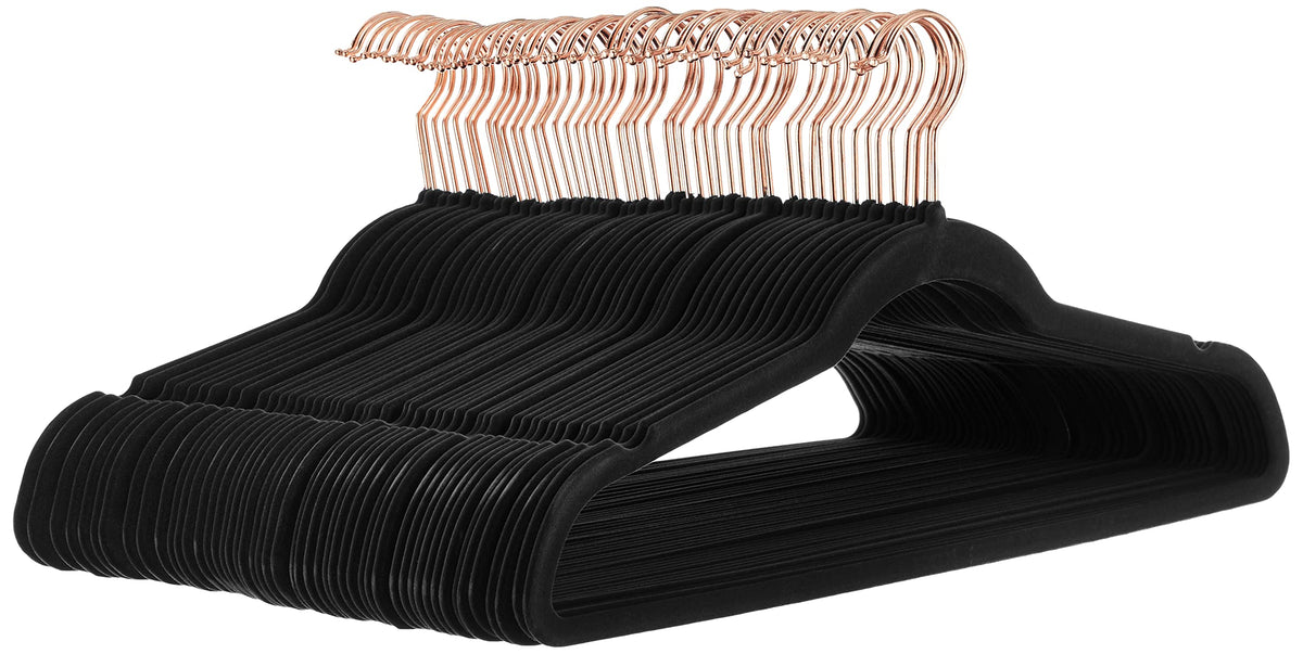 Amazon Basics Slim Velvet Non-Slip Space Saving Suit Clothes Hangers, Closet Organizer, Sturdy Construction, Ivory/Rose Gold, 50-Pack