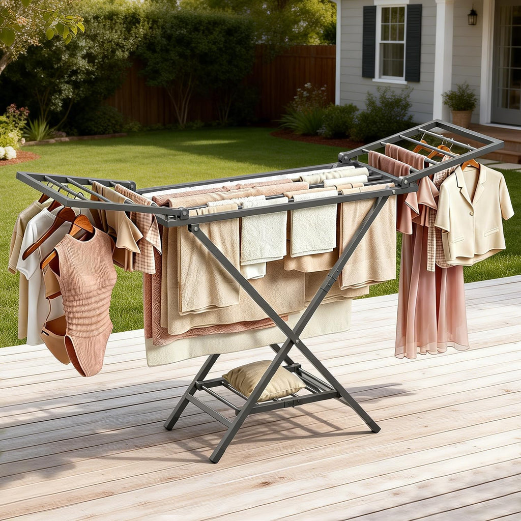 Clothes Drying Rack Heavy Duty, Foldable Laundry Dryer Stand for Clothing & Towel, Free Standing Collapsible for Indoor & Outdoor, 2-Level Clothing Drying Rack, 63" L× 17.7" W, Gray