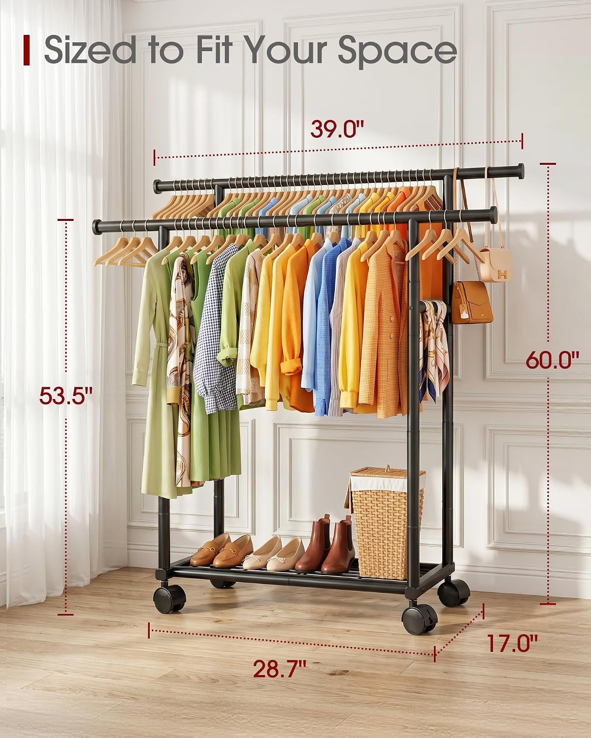 Sakugi Double Rods Clothes Rack - Metal Clothing Rack with Fixed Double Rods, Rolling Wheels & Built-In Shelf for Closet, Bedroom, Laundry Storage (39" x 17" x 60", Black)
