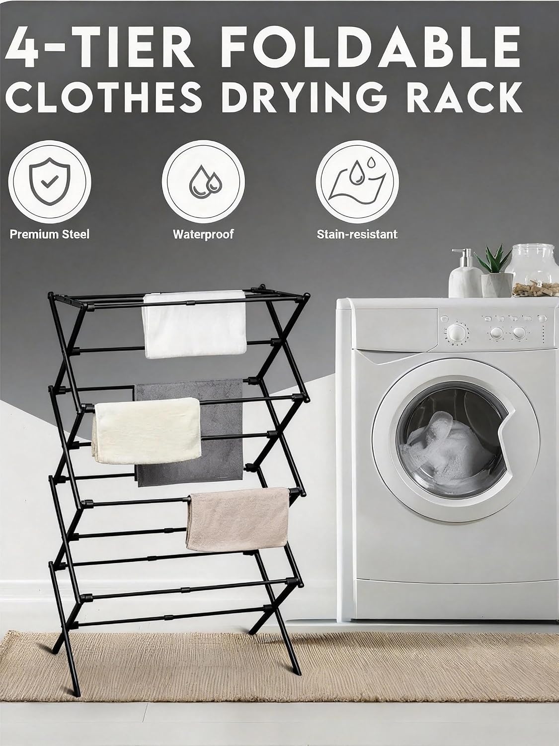 ZOES HOMEWARE 4-Tier Clothes Drying Rack, 4ft High Foldable Drying Rack Clothing for Indoor & Outdoor, Portable Collapsible Laundry Dryer for Laundry Room and Apartment, Black 29" L x 49" H x 11.5" W