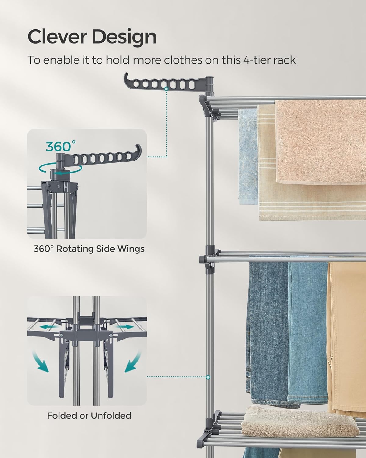 SONGMICS 4-Tier Clothes Drying Rack, Foldable, Rolling, 66.6-Inch Tall