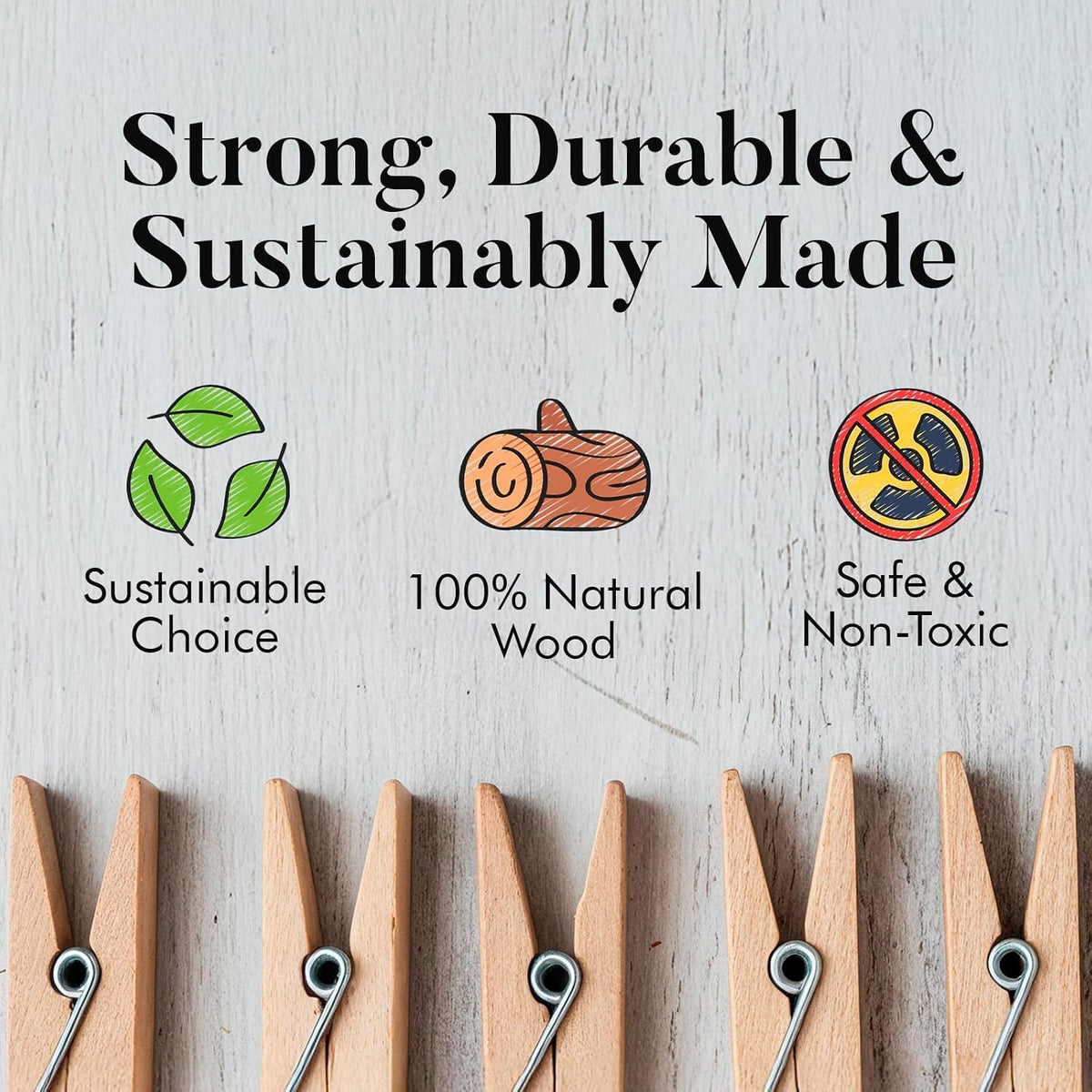 Zeno Clothes Pins Wooden – 50 Pack Wooden Clothespins 2.9 Inch with Rust-Resistant Coil, Natural Wood Clips for Laundry, Hanging Clothes, Crafts & DIY