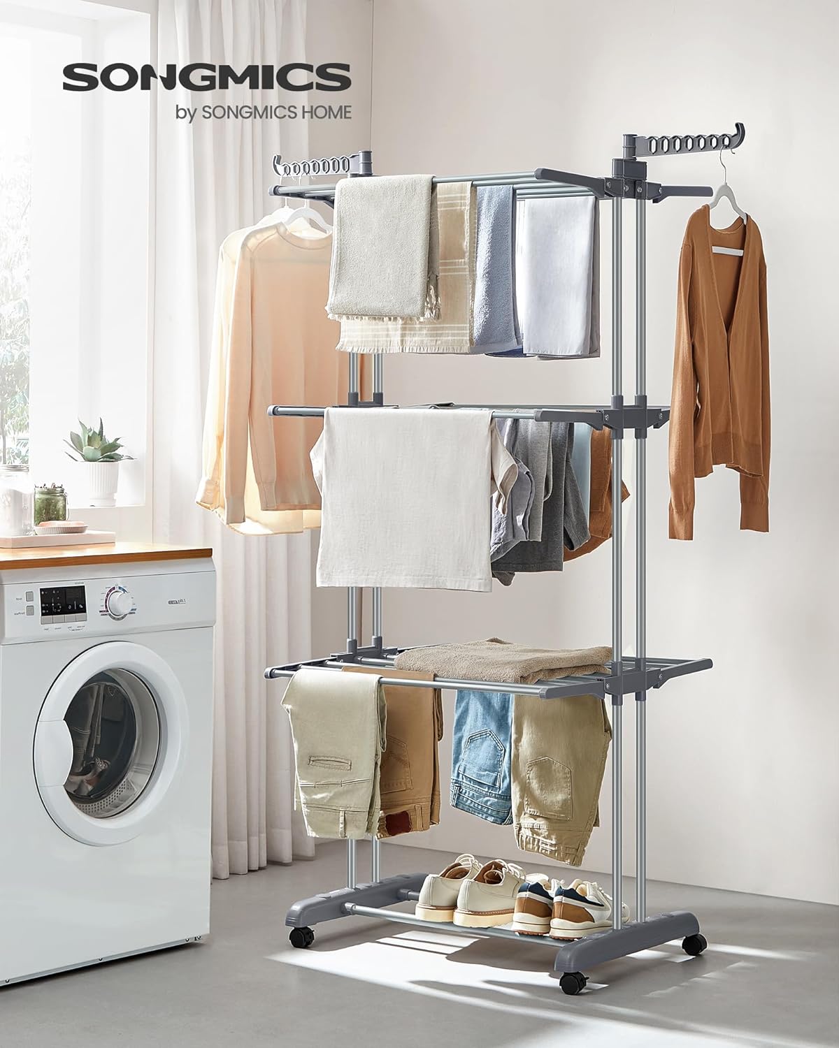 SONGMICS 4-Tier Clothes Drying Rack, Foldable, Rolling, 66.6-Inch Tall
