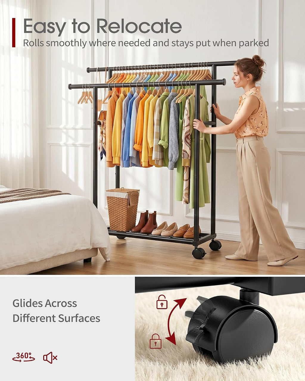 Sakugi Double Rods Clothes Rack - Metal Clothing Rack with Fixed Double Rods, Rolling Wheels & Built-In Shelf for Closet, Bedroom, Laundry Storage (39" x 17" x 60", Black)