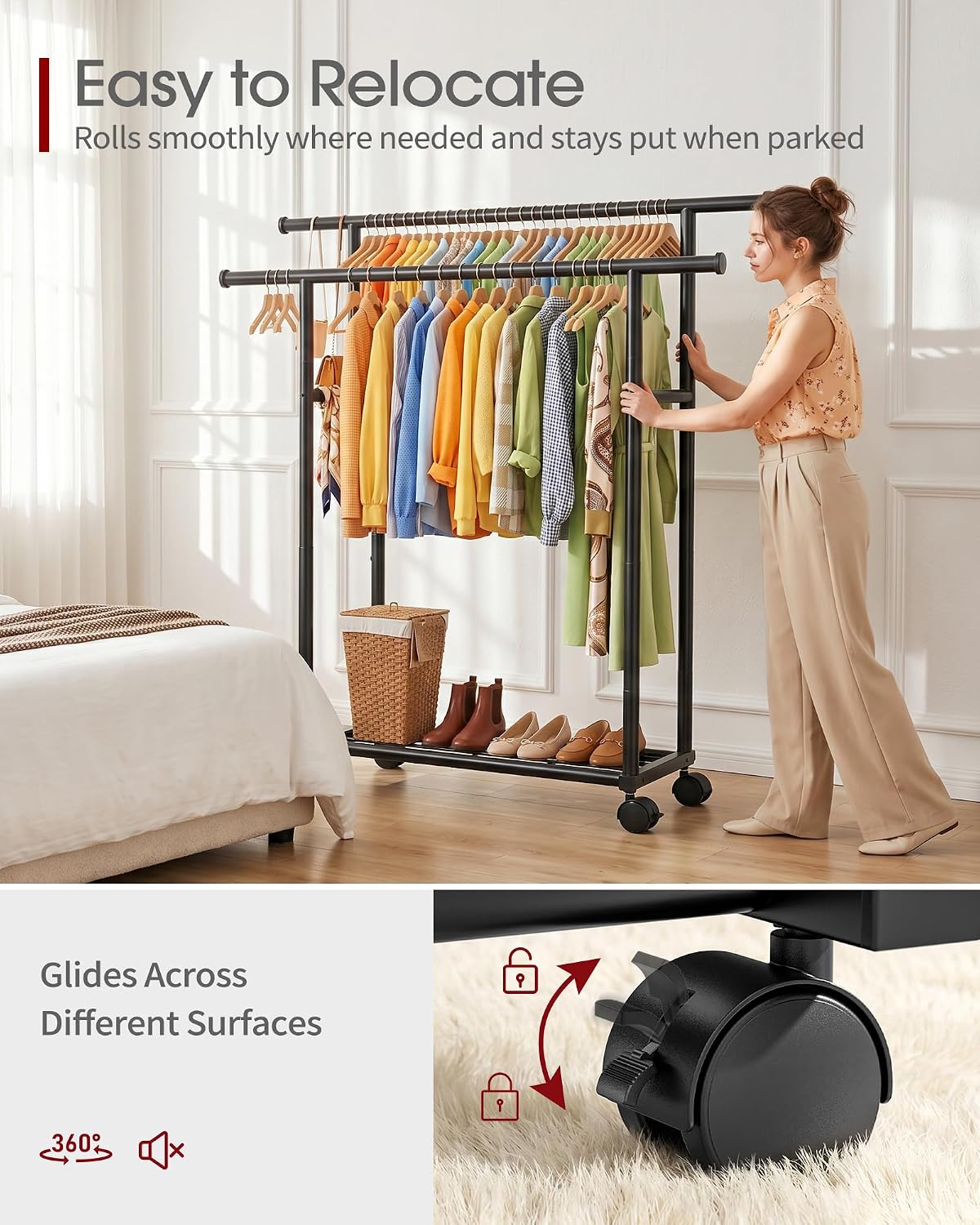 Sakugi Double Rods Clothes Rack - Metal Clothing Rack with Fixed Double Rods, Rolling Wheels & Built-In Shelf for Closet, Bedroom, Laundry Storage (39" x 17" x 60", Black)
