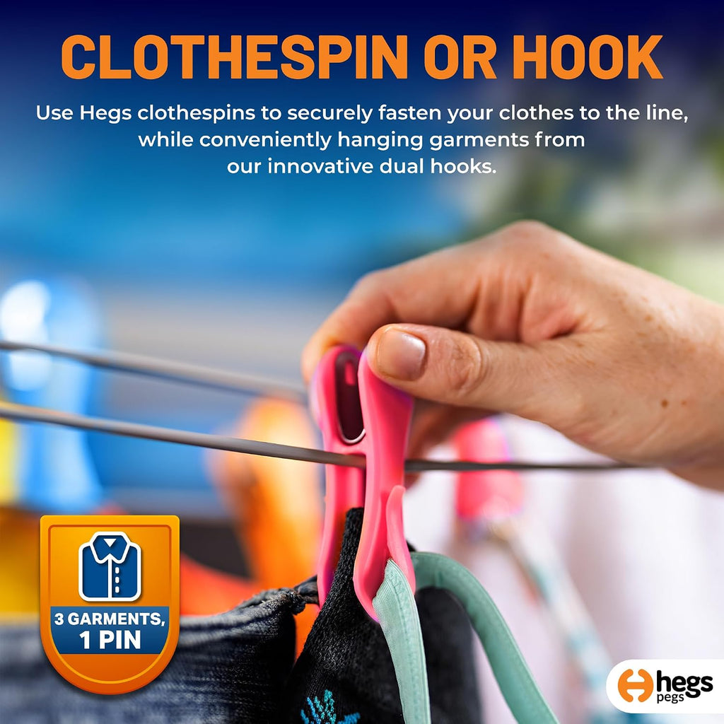 Hegs 24 Pack Multi-Color - The Smartest Heavy Duty Clothespins with Hooks - Hang 3 Garments at Once with Our Tough, Dual Hooks Clothes Pins with Anti-Rust Spring - Durable, Colorful Clothespins