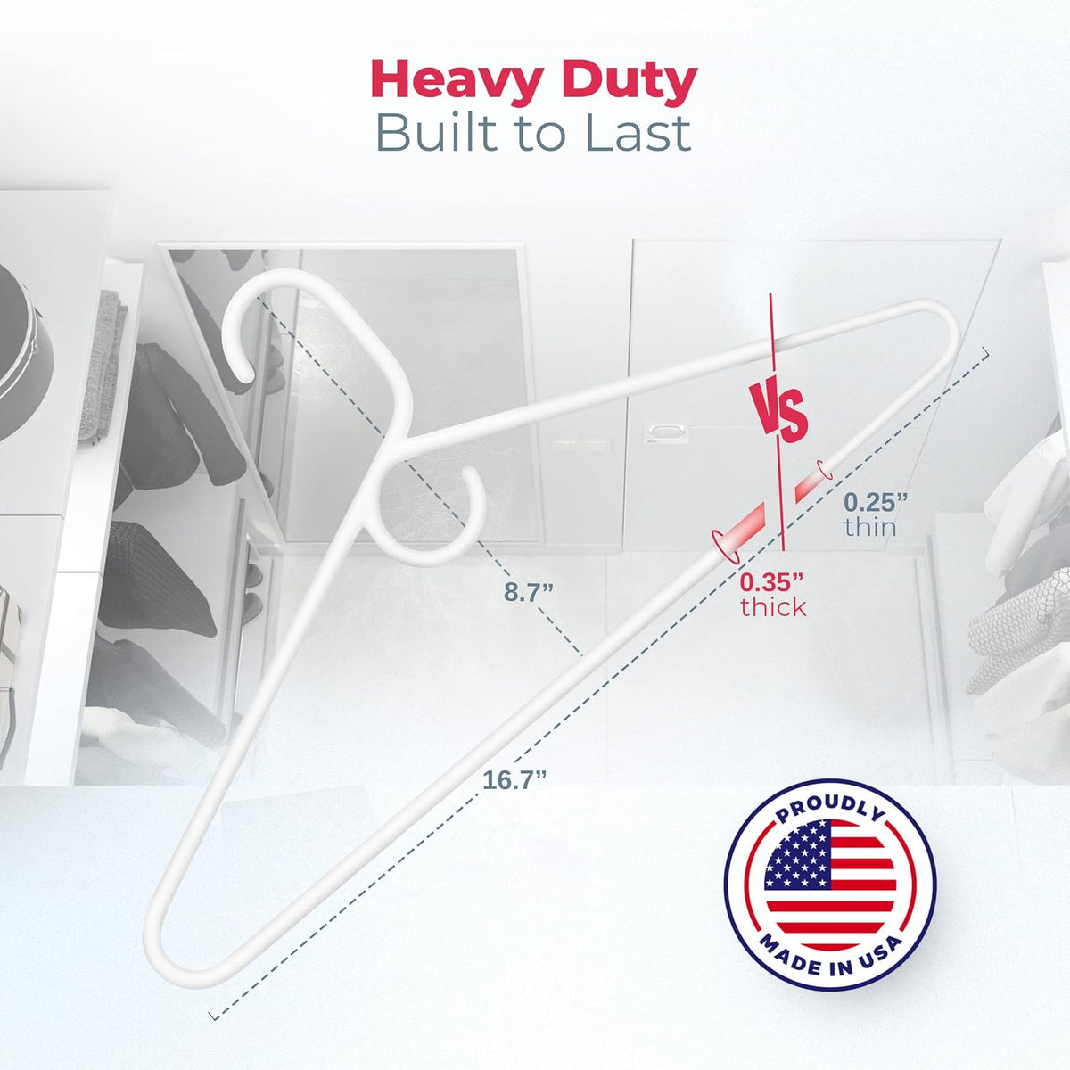 Heavy Duty Clothes Hangers 18 Pack – Made in the USA – 8lb Capacity Plastic Hangers for Adult Clothing – Durable for Pants, Coats, Jackets, or Jeans – White