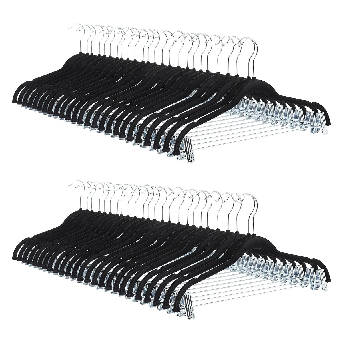 Amazon Basics Velvet Non-Slip Skirt Clothes Hangers with Clips, 360 Degree Rotatable Hook, Organize Pants and Skirts, Black/Silver, 24-Pack
