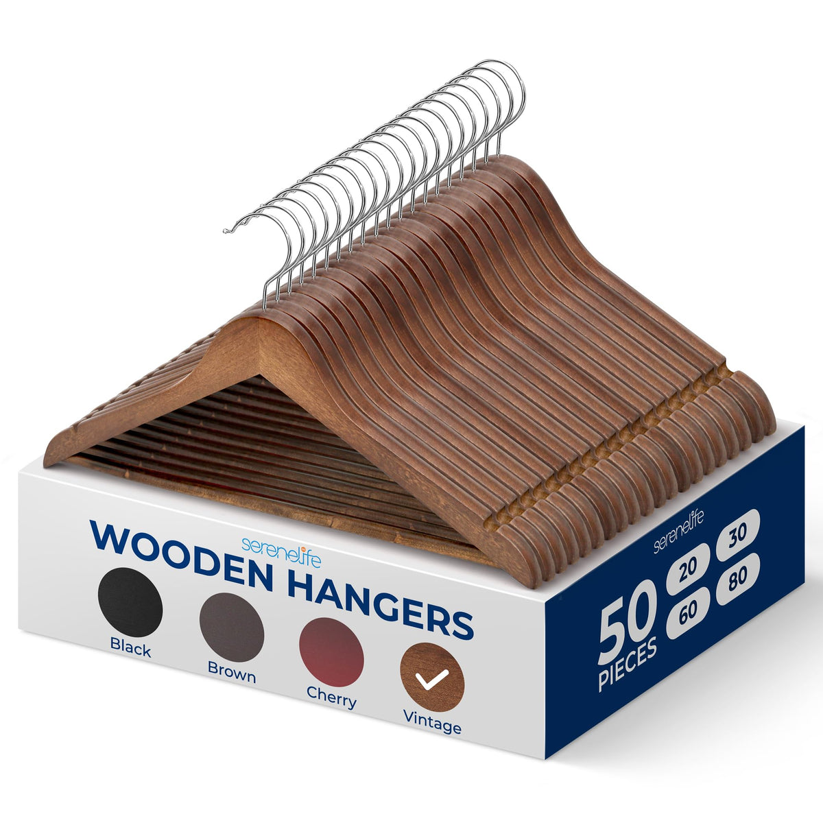 SereneLife Wooden Hangers 50 Pack - Durable & Slim Coat Hanger - Wood Hangers for Coats, Suits, Jackets, Closet & Pants - Suit Hanger with 360-Degree Rotatable Hook and Shoulder Grooves (Brown Color)