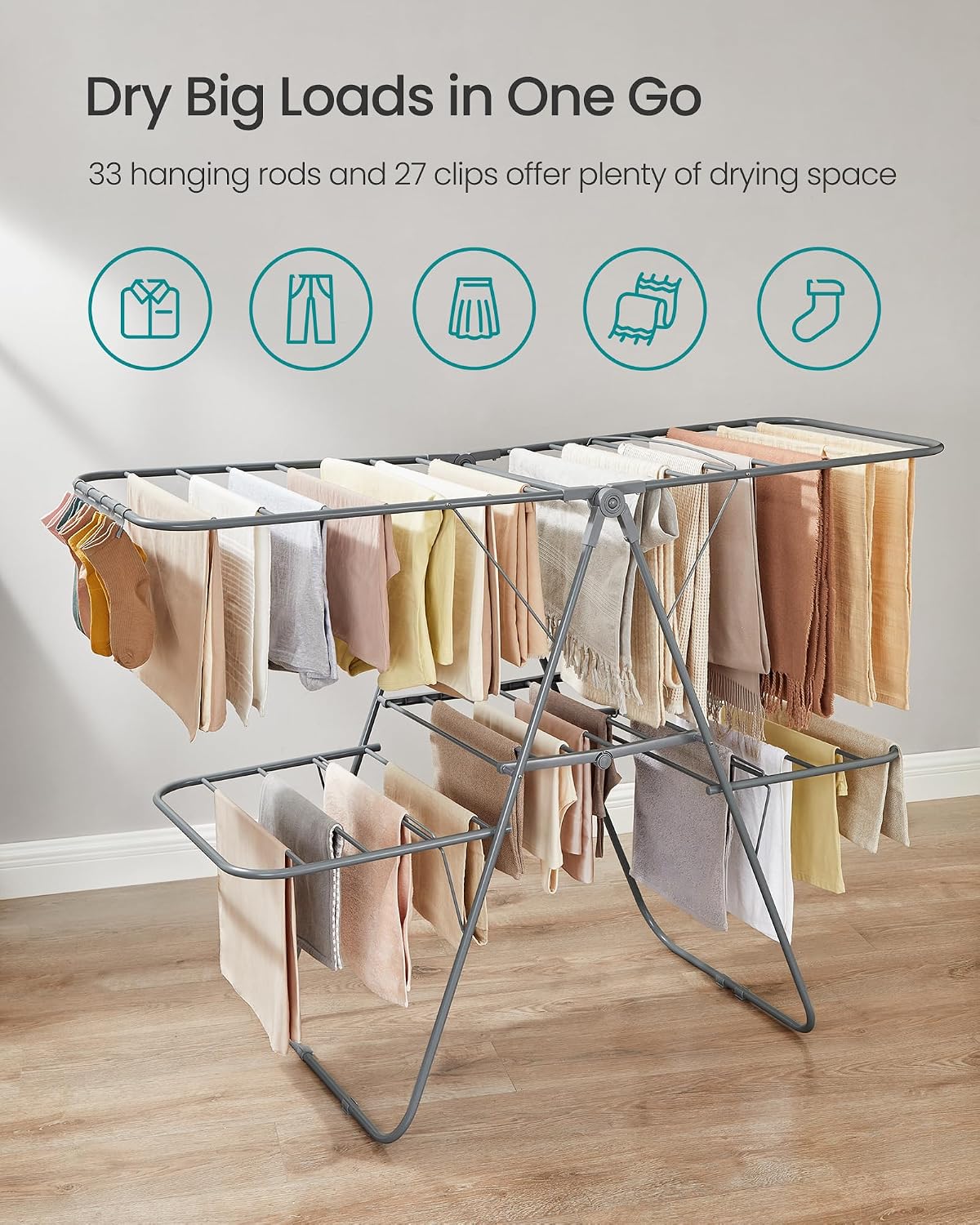 SONGMICS Clothes Drying Rack, Foldable 2-Level Stee Laundry Drying Rack