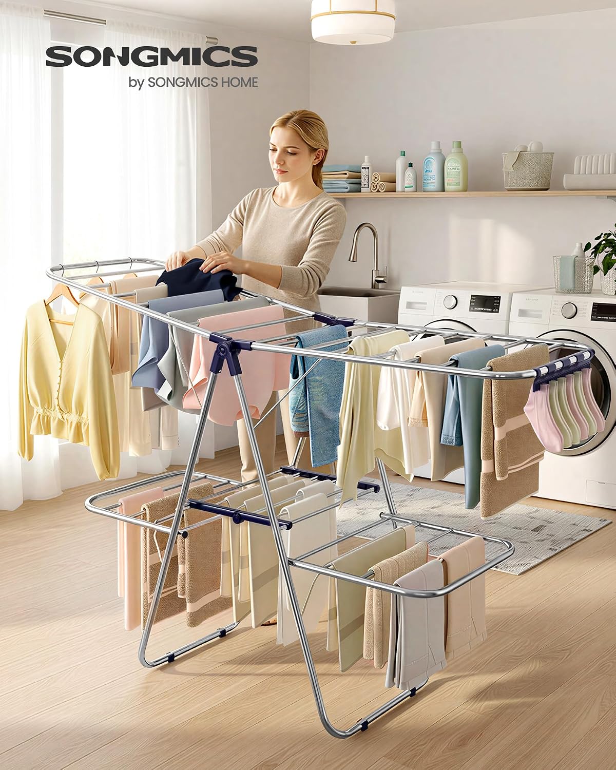 SONGMICS Clothes Drying Rack, Foldable 2-Level Stee Laundry Drying Rack