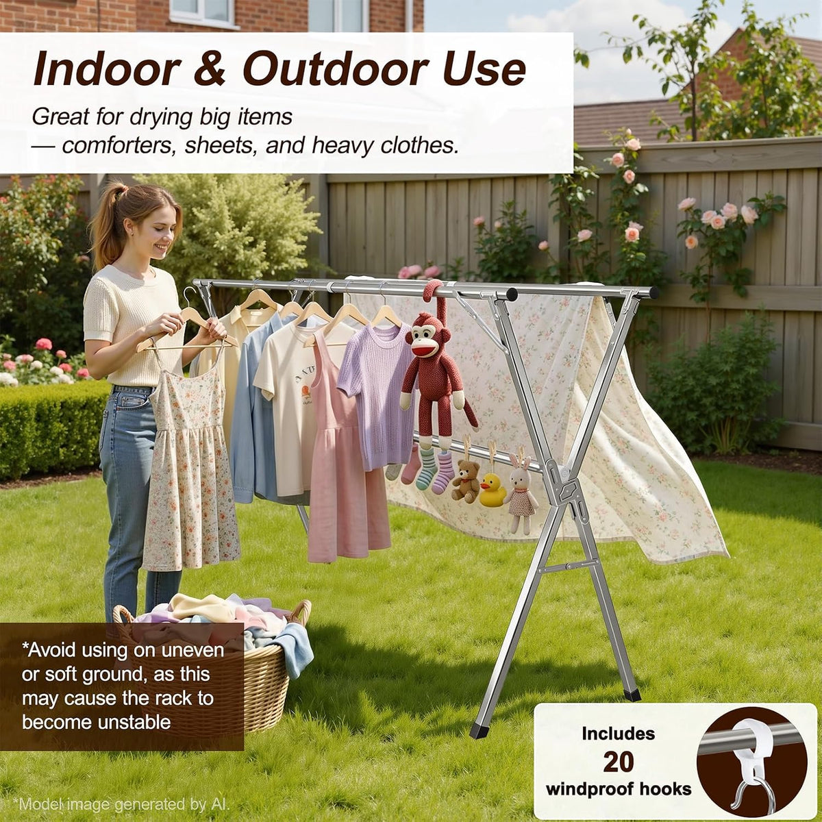 Spreezy 94 Inch Clothes Drying Rack, Stainless Steel, Indoor/Outdoor