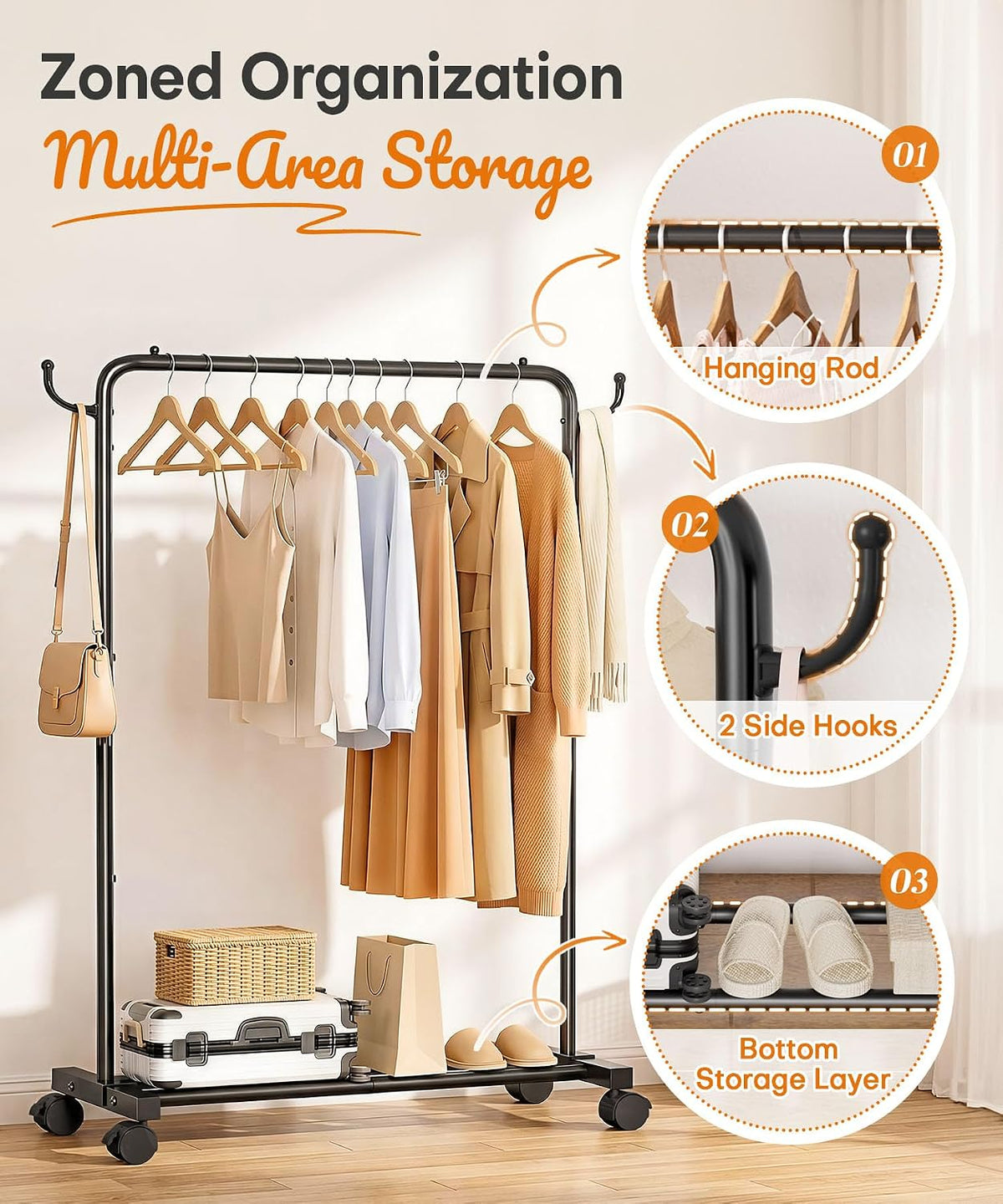 Homde Portable Clothes Rack for Bedroom: 4 Lockable Wheel Move Room-to-Room