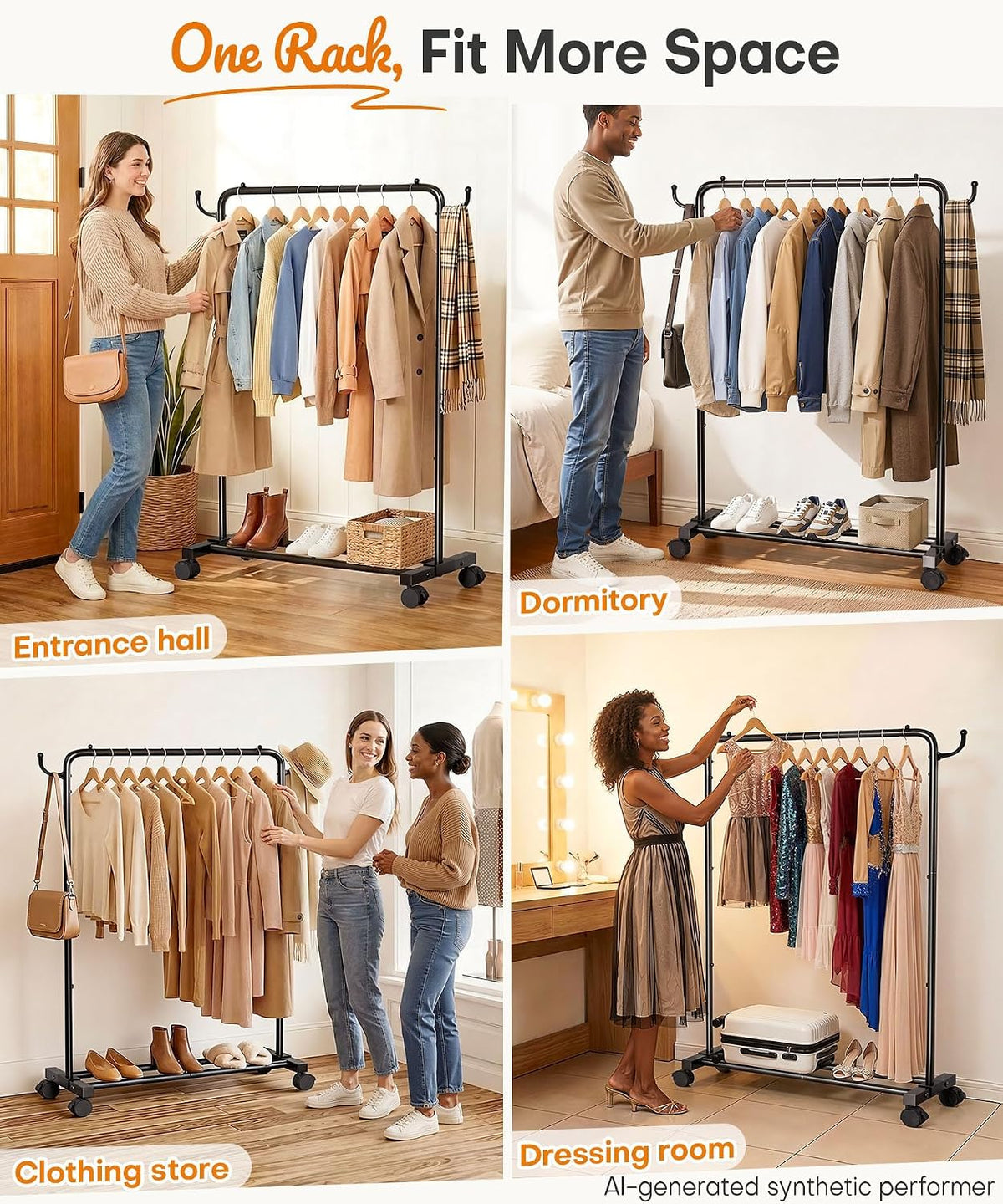 Homde Portable Clothes Rack for Bedroom: 4 Lockable Wheel Move Room-to-Room