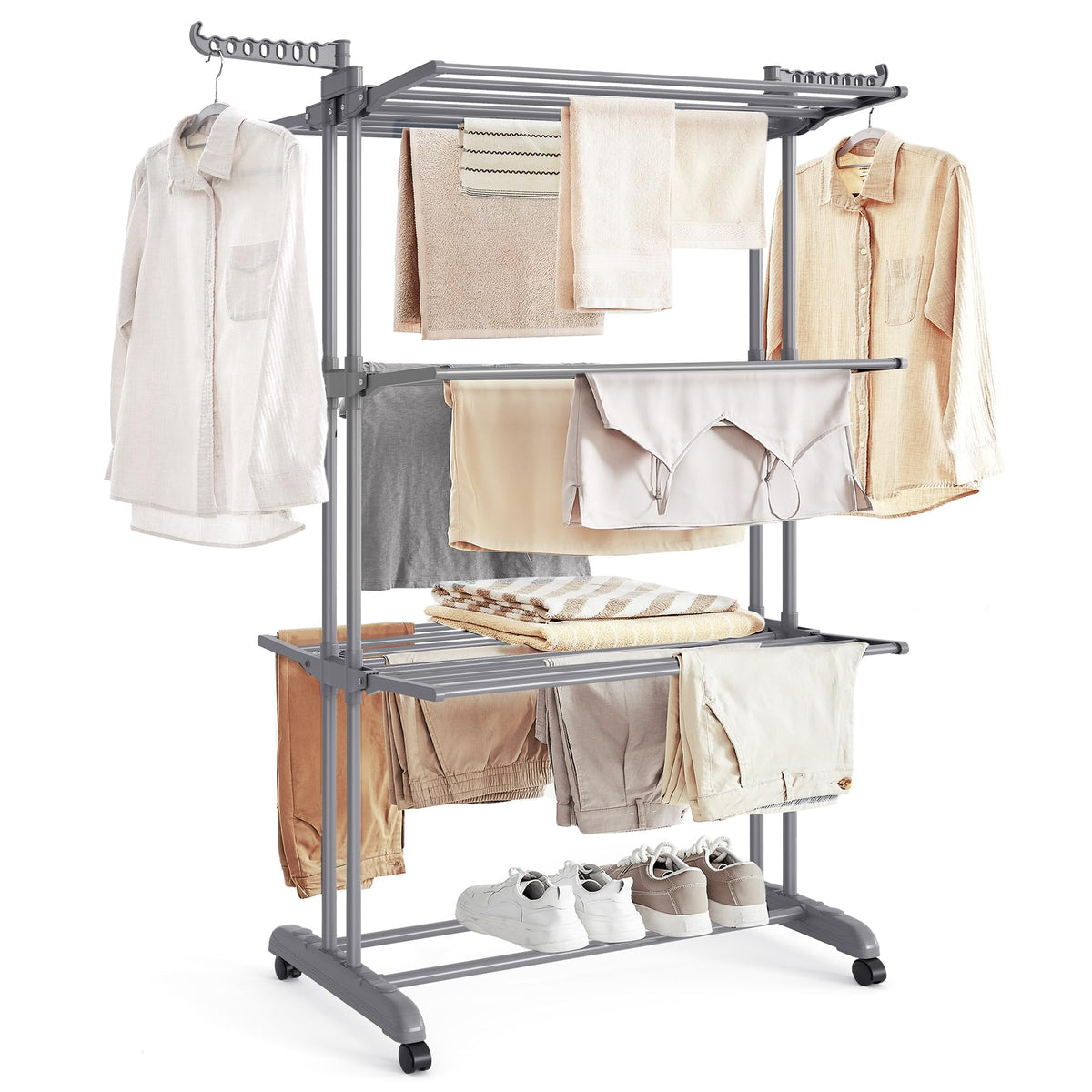 SONGMICS 4-Tier Clothes Drying Rack, Foldable, Rolling, 66.6-Inch Tall