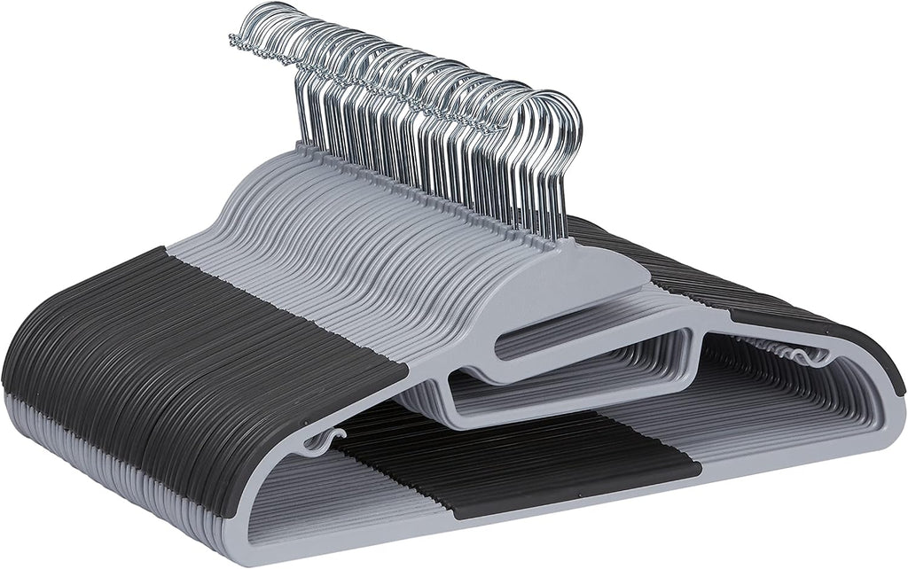 Amazon Basics Space Saving Non-Slip Rubber Coated Plastic Hangers with 360° Swivel Hook, Thin, Gray, Pack of 50