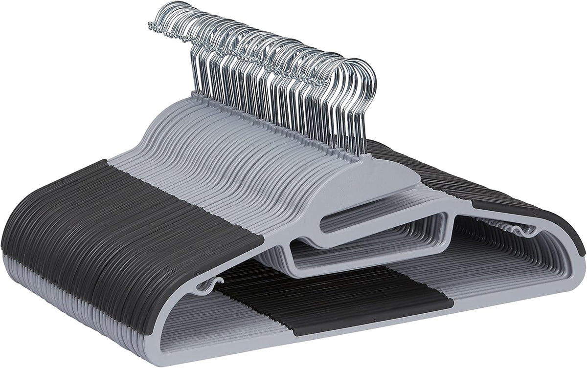 Amazon Basics Space Saving Non-Slip Rubber Coated Plastic Hangers with 360° Swivel Hook, Thin, Gray, Pack of 50
