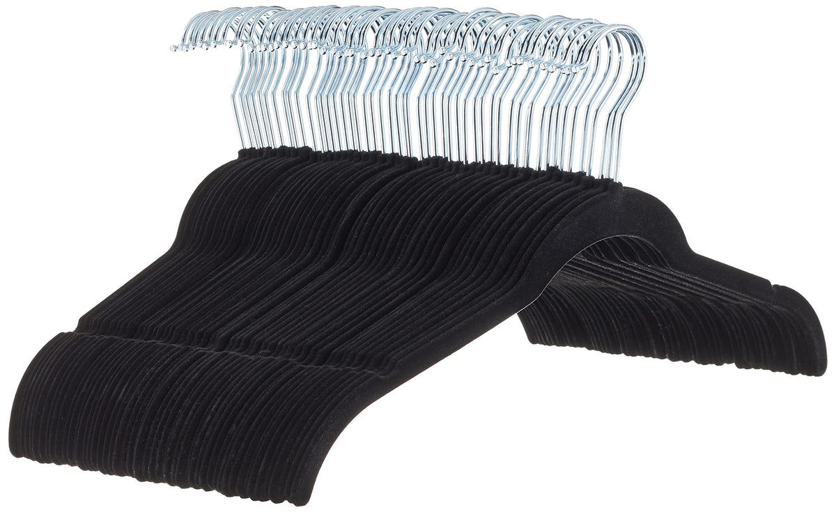 Amazon Basics Space-Saving Slim Velvet Non-Slip Clothes Hangers for Closet Organization with Shoulder Notches, Black/Silver, 30-Pack