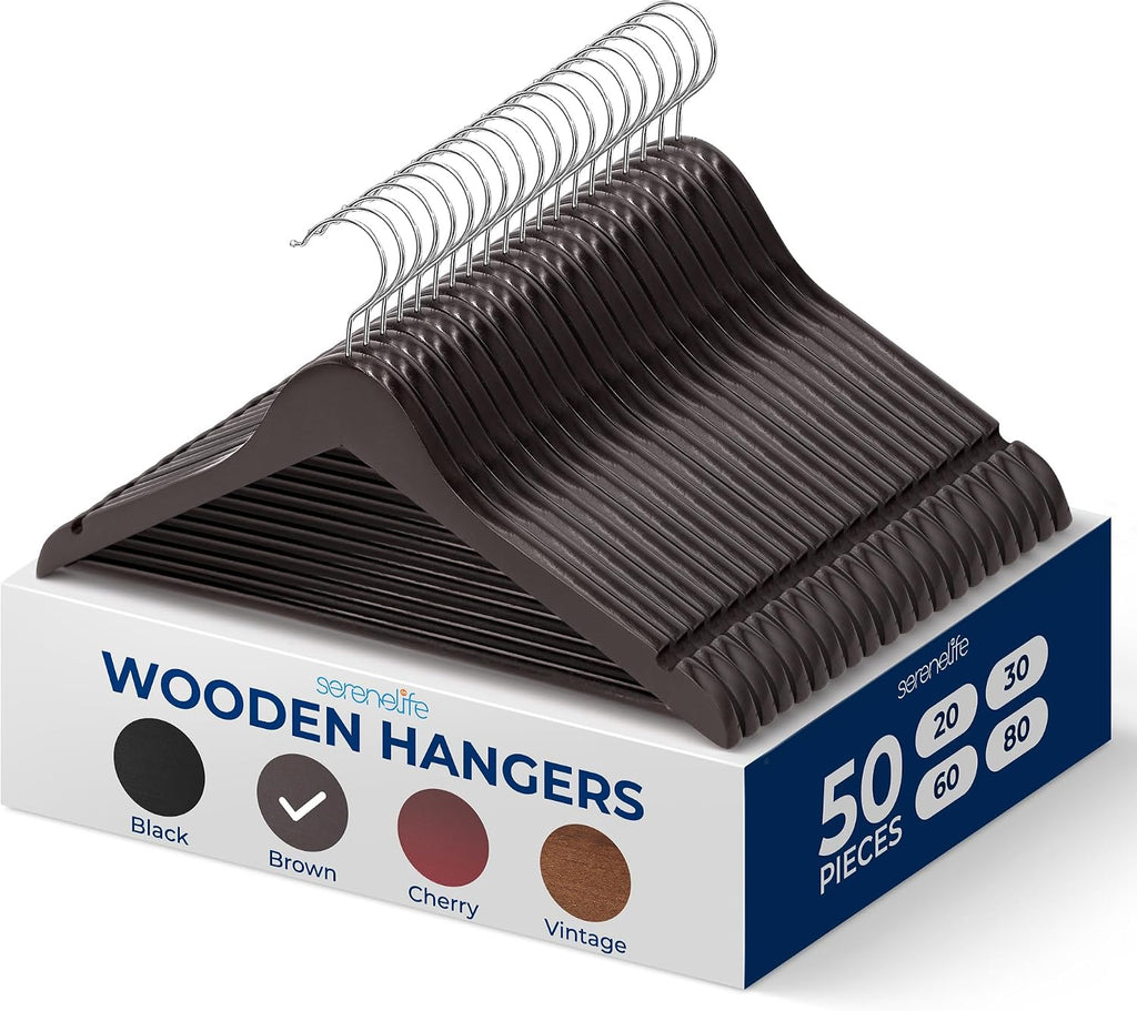 SereneLife Wooden Hangers 50 Pack - Durable & Slim Coat Hanger - Wood Hangers for Coats, Suits, Jackets, Closet & Pants - Suit Hanger with 360-Degree Rotatable Hook and Shoulder Grooves (Brown Color)