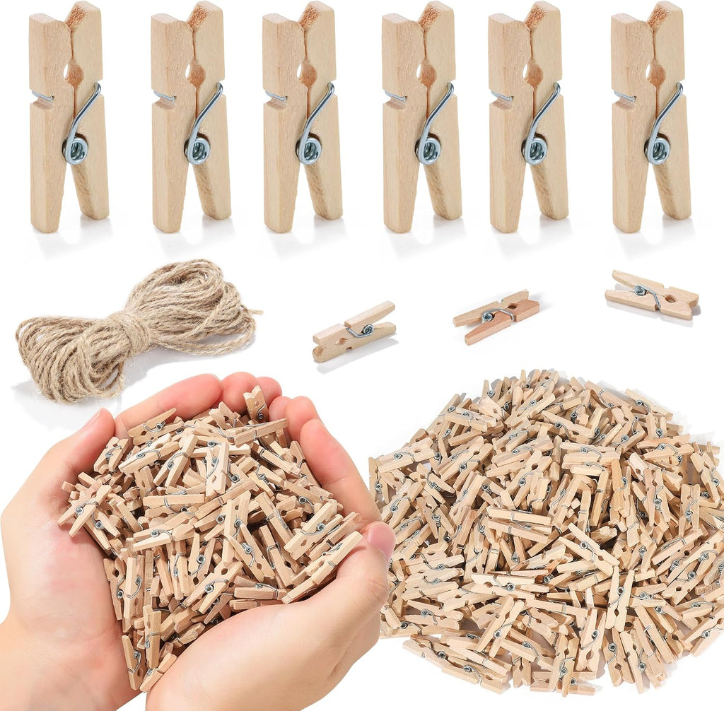 200 PCS Mini Clothespins for Photos, 1 Inch Mini Wooden Clothespins with 10M Jute Twine, Small Clothes Pins, Tiny Photo Clips, Wooden Clips for Picture Display, Crafts, Scrapbooking, Party Decorations