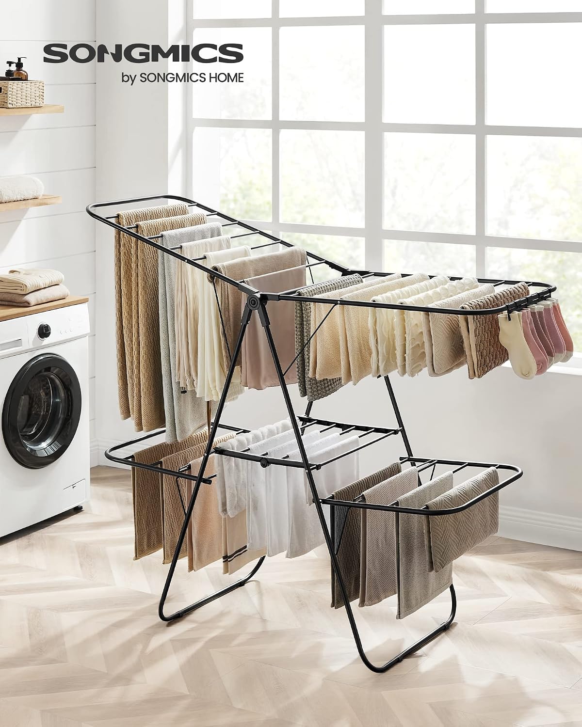 SONGMICS Clothes Drying Rack, Foldable 2-Level Stee Laundry Drying Rack