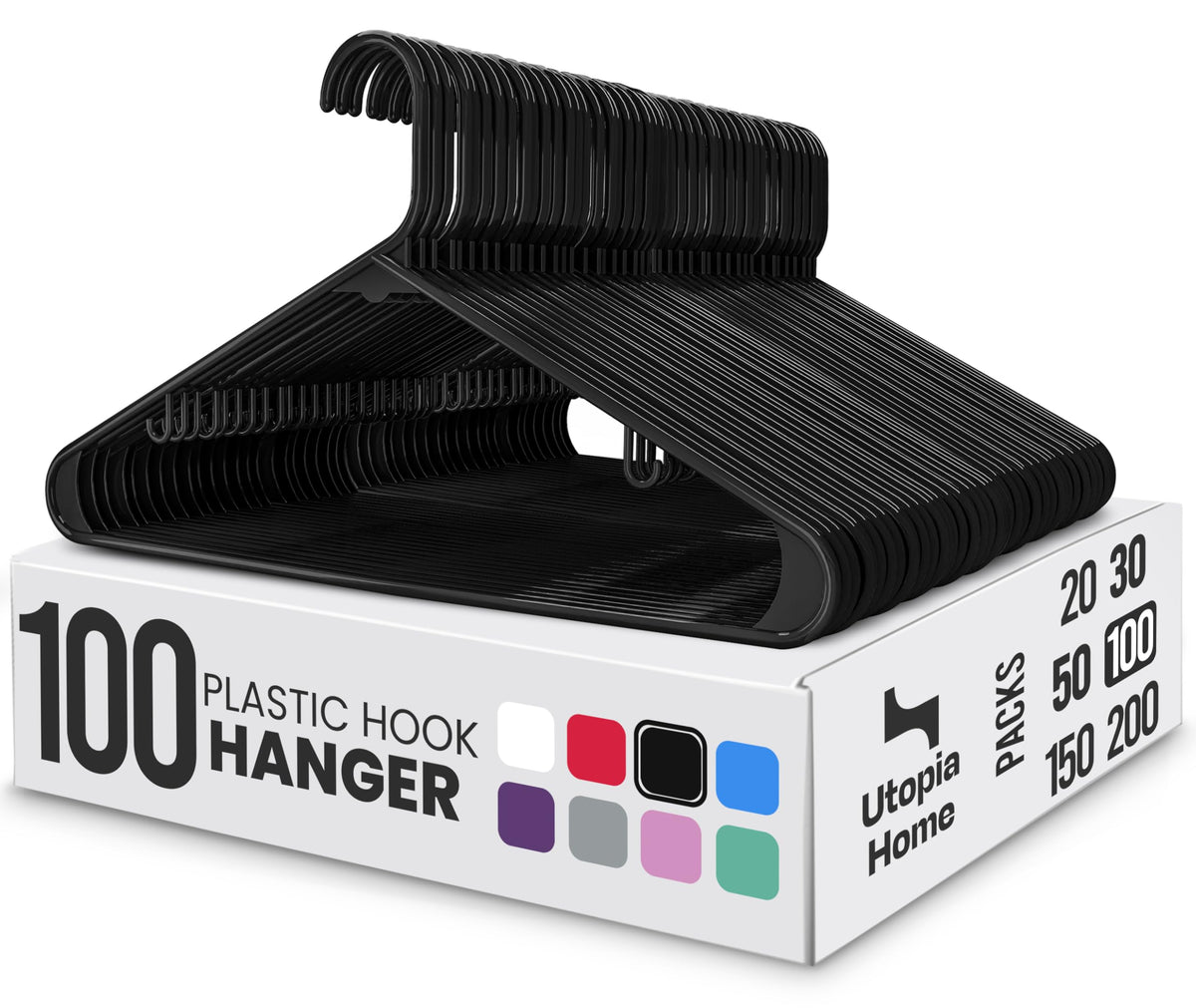 Utopia Home Plastic Hangers 50 Pack – Built-in Strap Hooks Black