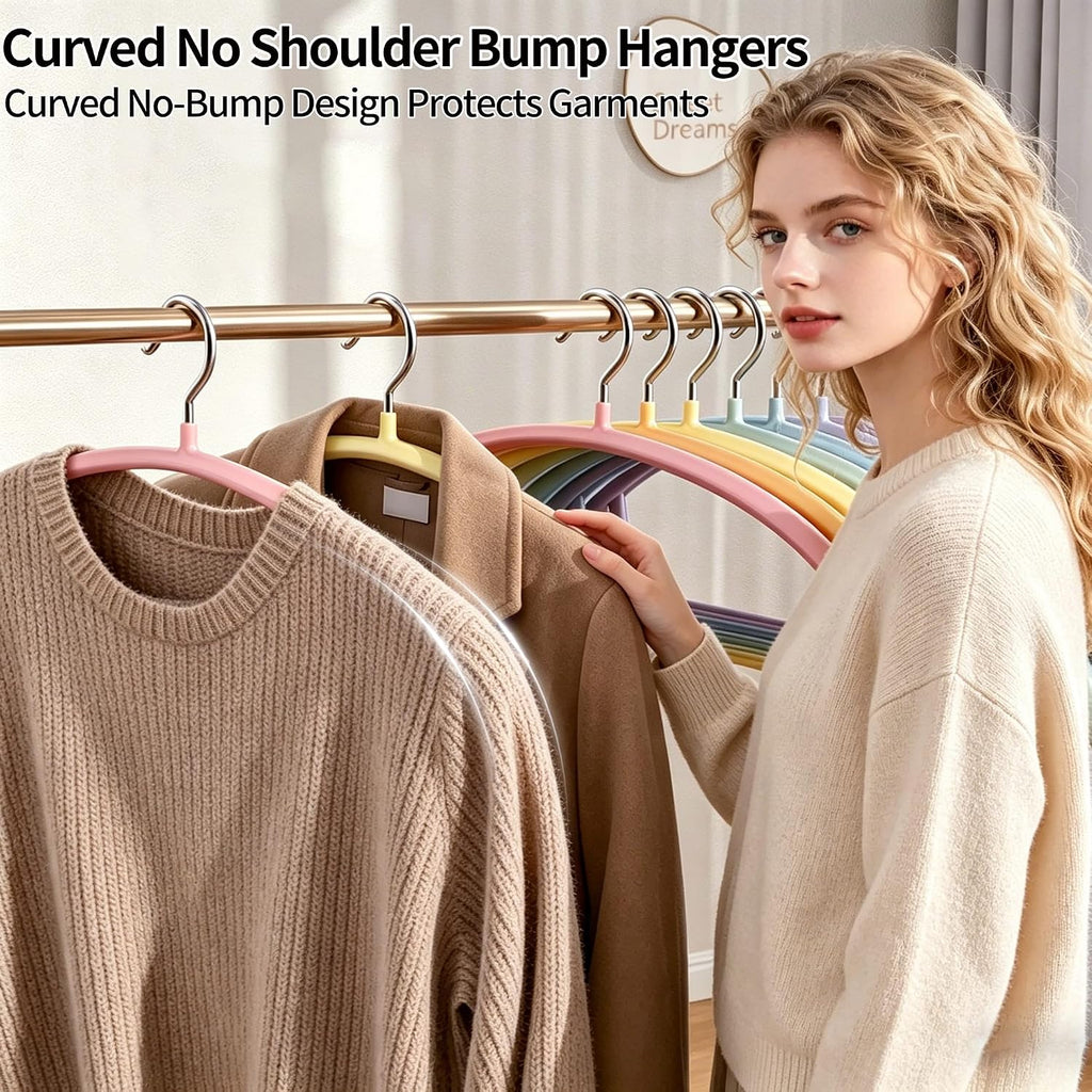 14 Pack Curved No Shoulder Bump Hangers, Multi‑Color Metal Hangers with Non‑Slip Plastic Coating, Heavy Duty Space Saving Coat Hangers for Shirts, Suits & Sweaters