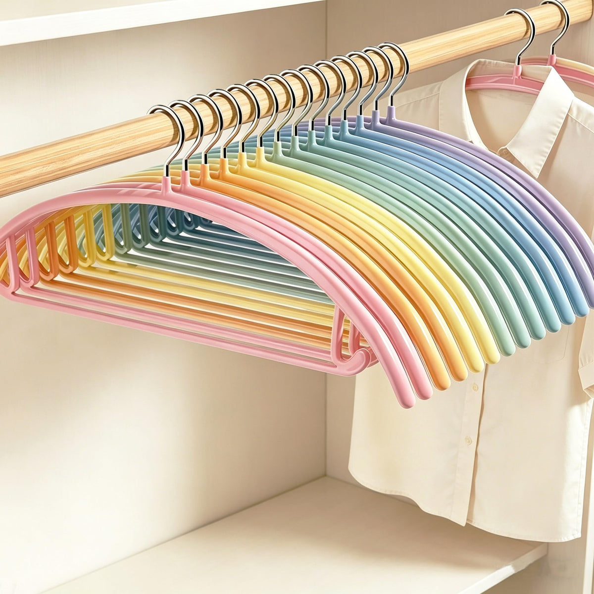 14 Pack Curved No Shoulder Bump Hangers, Multi‑Color Metal Hangers with Non‑Slip Plastic Coating, Heavy Duty Space Saving Coat Hangers for Shirts, Suits & Sweaters