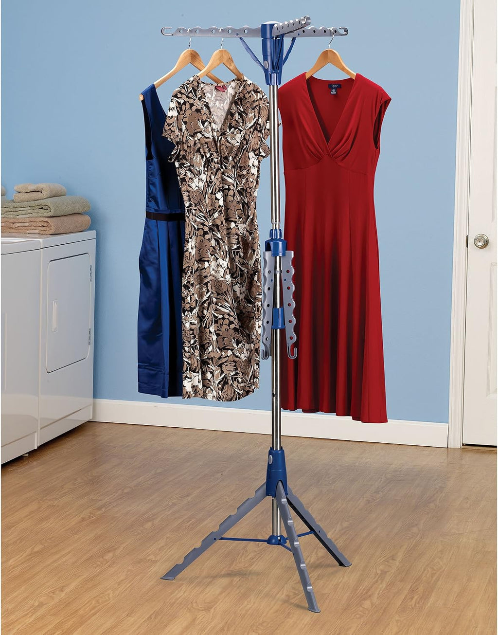 Household Essentials 5012-1 Portable 2-Tier Clothes Drying Rack Tri-pod | Dry Wet Laundry or Hang Clothes | Silver and Blue