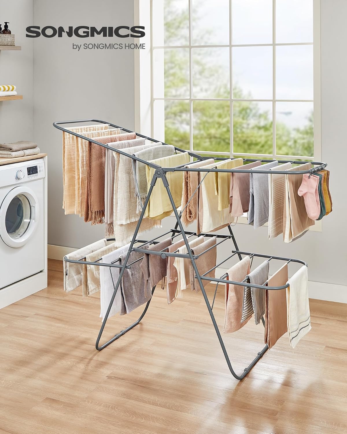SONGMICS Clothes Drying Rack, Foldable 2-Level Stee Laundry Drying Rack