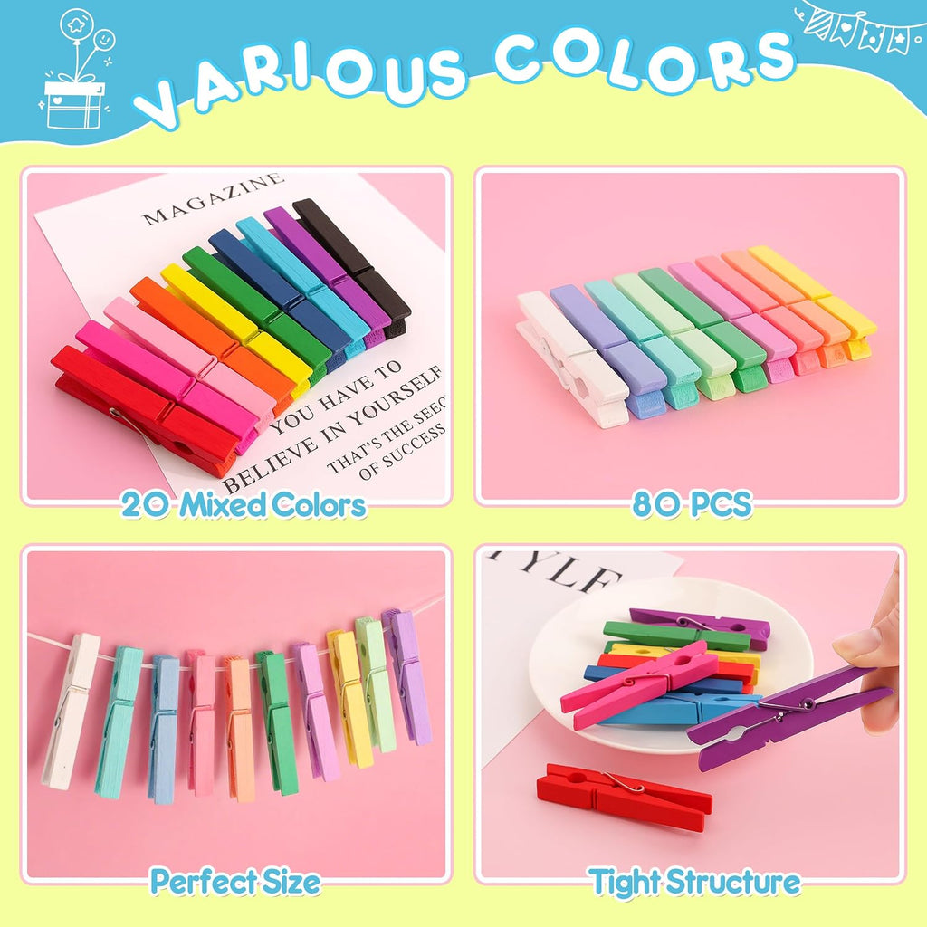 80 Pcs Colored Wooden Clothes Pins 2.9 Inch DIY Crafts Clips