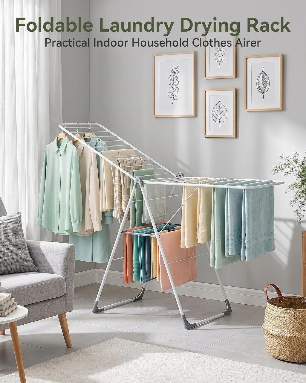 APEXCHASER 2-Tier Gullwing Clothes Drying Rack, 28-Rod Foldable, Adjustable