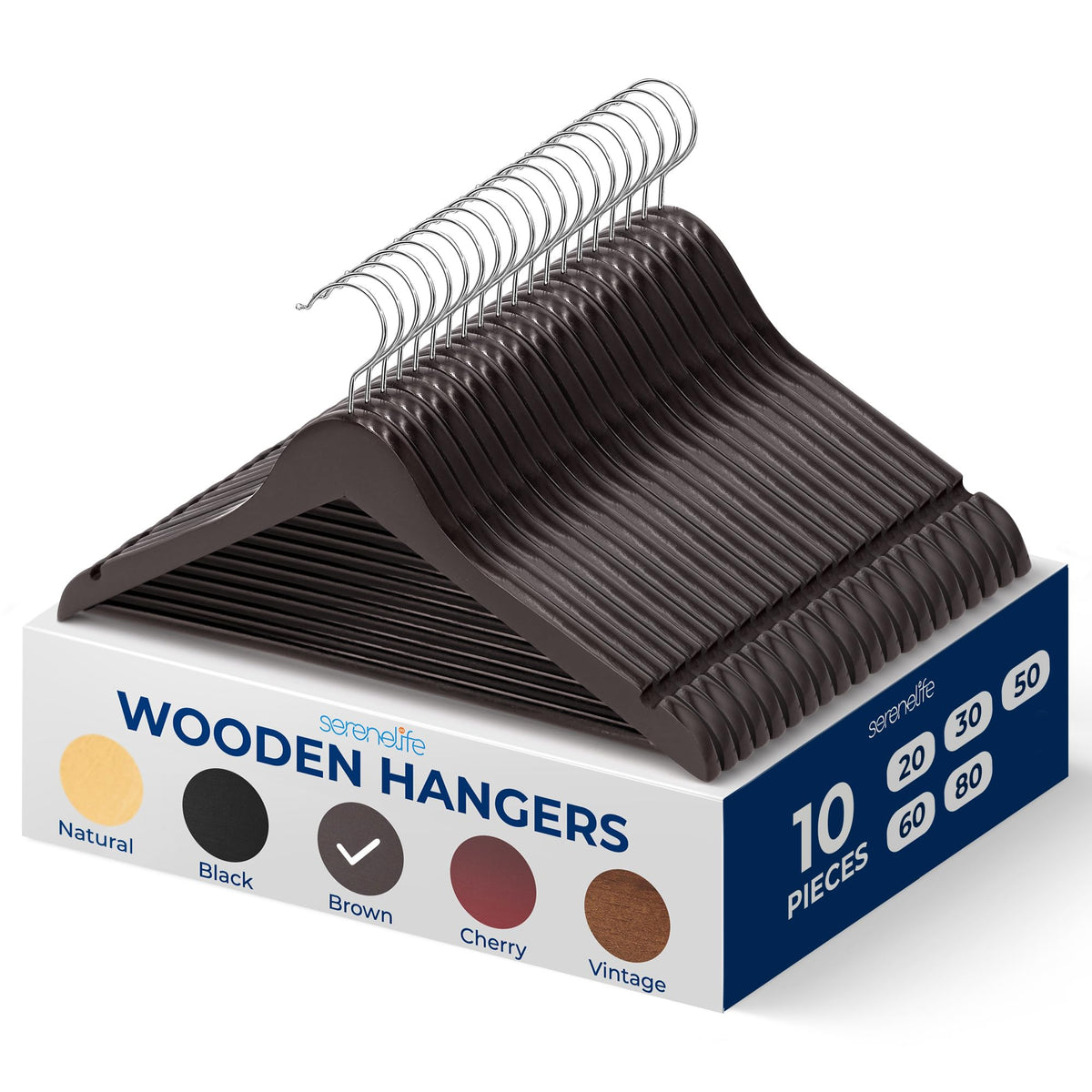 SereneLife Wooden Hangers 50 Pack - Durable & Slim Coat Hanger - Wood Hangers for Coats, Suits, Jackets, Closet & Pants - Suit Hanger with 360-Degree Rotatable Hook and Shoulder Grooves (Brown Color)