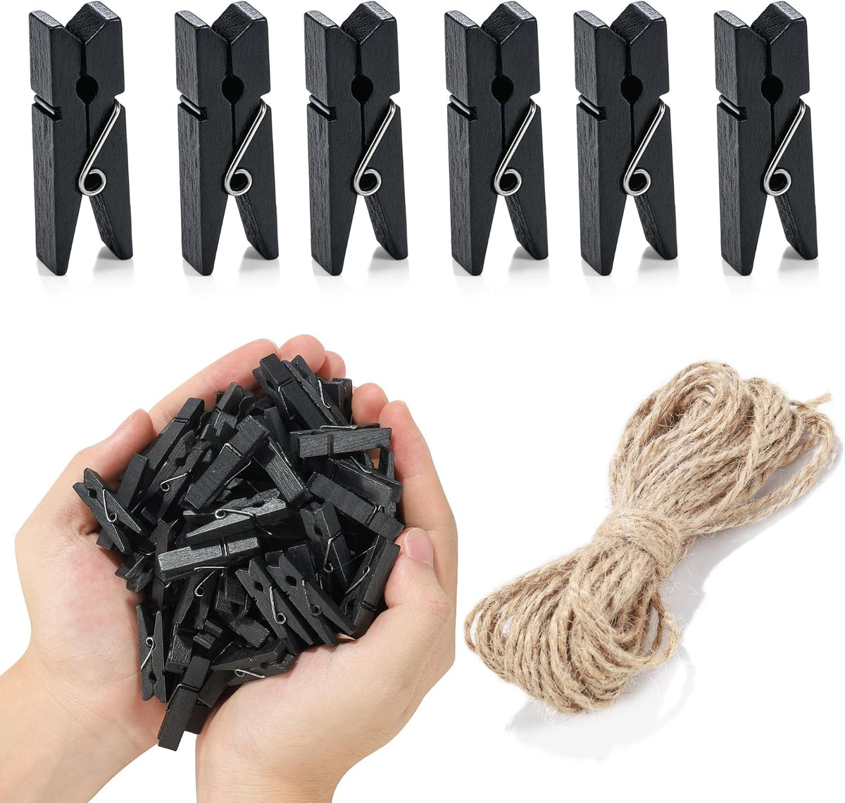 Mini Photo Clips, 100pcs Black Clothes Pins for Photos, Black Wooden Clothespins with Jute Twine, Small Clothes Pins Tiny Clothespins for Photos, Crafts, Pictures, Party Decorations