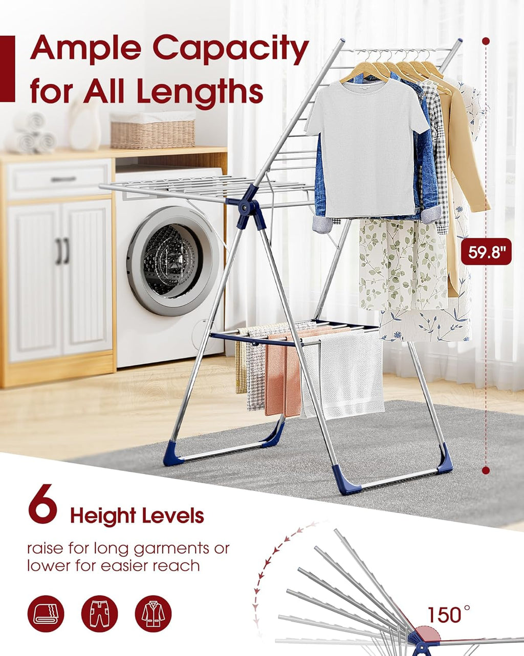 Sakugi Clothes Drying Rack, 55.5" Adjustable Wings, Foldable Design