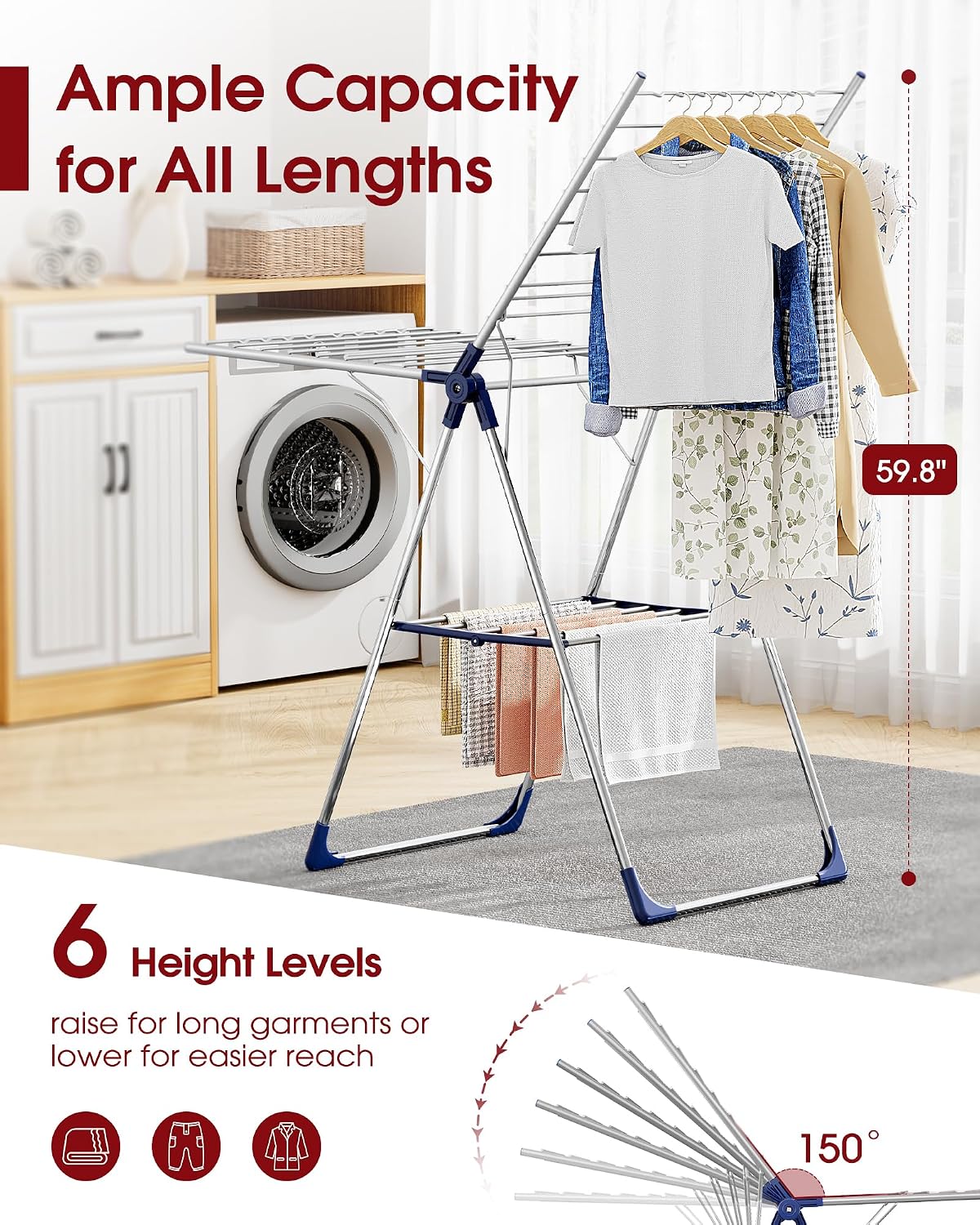 Sakugi Clothes Drying Rack, 55.5" Adjustable Wings, Foldable Design