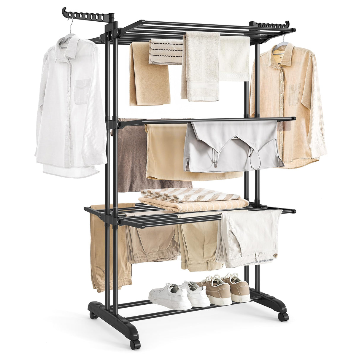 SONGMICS 4-Tier Clothes Drying Rack, Foldable, Rolling, 66.6-Inch Tall