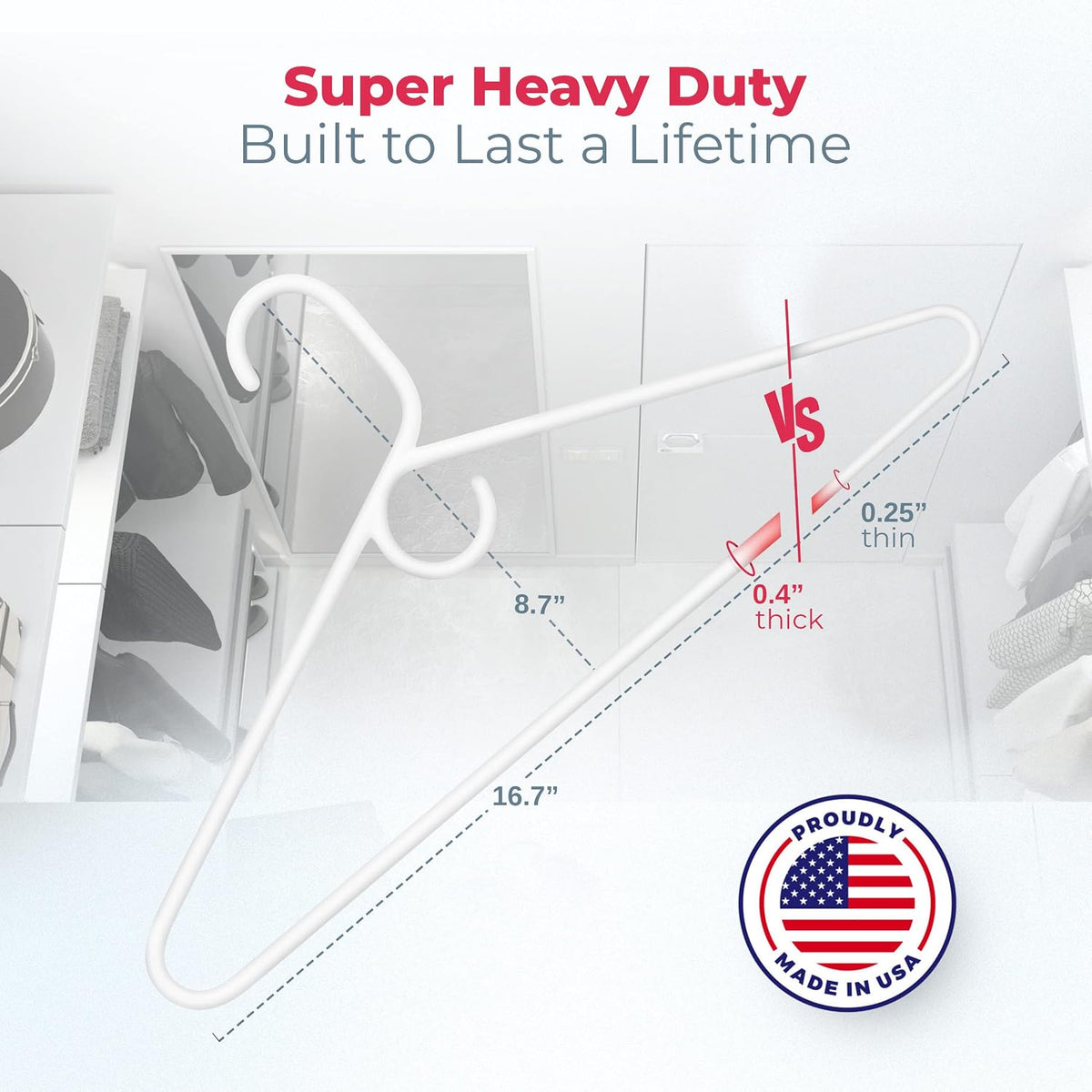 Super Heavy Duty Clothes Hangers 18 Pack – Made in the USA - 10lb Capacity, Thick Plastic Hangers for Pants, Coats, Jackets, Jeans and Adult Clothing – White