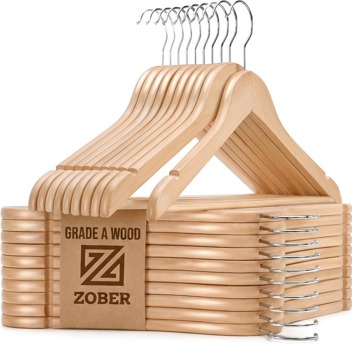 Zober Wooden Hangers 20 Pack, Heavy Duty Clothes Hangers, Non Slip, Natural