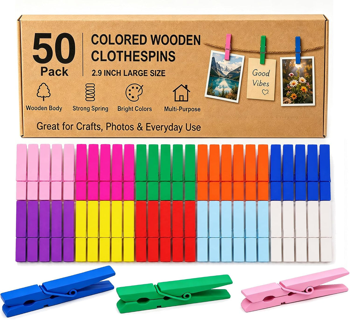 TONOS Wooden Clothespins 50 Pack, 2.9 Inch Colored Clothes Pins for Crafts