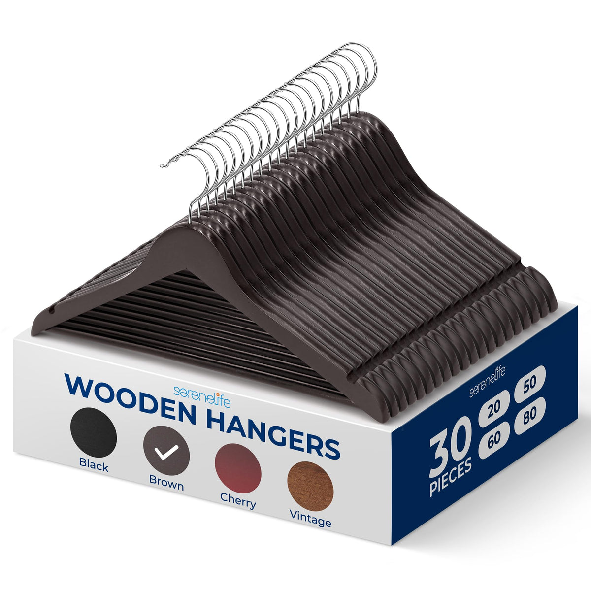 SereneLife Wooden Hangers 50 Pack - Durable & Slim Coat Hanger - Wood Hangers for Coats, Suits, Jackets, Closet & Pants - Suit Hanger with 360-Degree Rotatable Hook and Shoulder Grooves (Brown Color)
