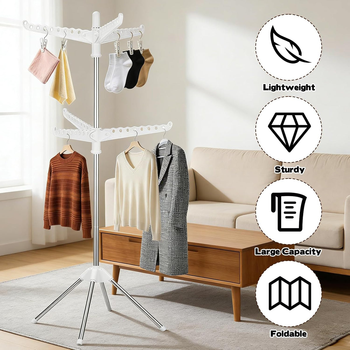 2-Layer Rotatable & Foldable Clothes Drying Rack 75" Stainless Steel Laundry Drying Tree with 6 Rotatable Arms, 4-Leg Free-Standing Hanger Stand for Indoor, Balcony, and Laundry Room