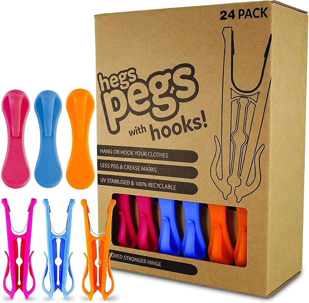 Hegs 24 Pack Multi-Color - The Smartest Heavy Duty Clothespins with Hooks - Hang 3 Garments at Once with Our Tough, Dual Hooks Clothes Pins with Anti-Rust Spring - Durable, Colorful Clothespins
