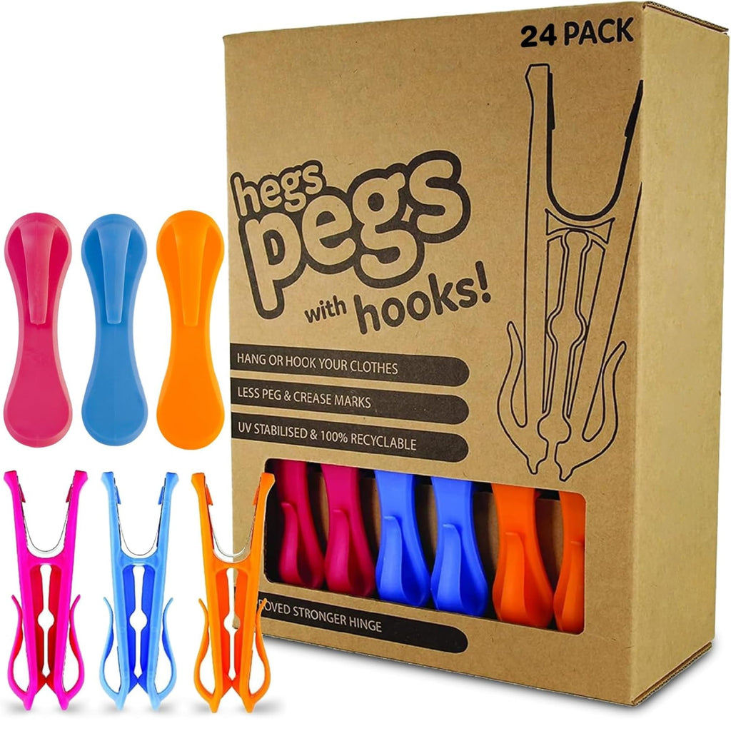 Hegs 24 Pack Multi-Color - The Smartest Heavy Duty Clothespins with Hooks - Hang 3 Garments at Once with Our Tough, Dual Hooks Clothes Pins with Anti-Rust Spring - Durable, Colorful Clothespins