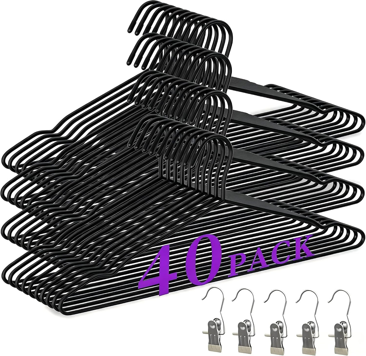 40Pack Metal Hangers+5 Clothes Pins, Heavy Duty Black Metal Hangers
