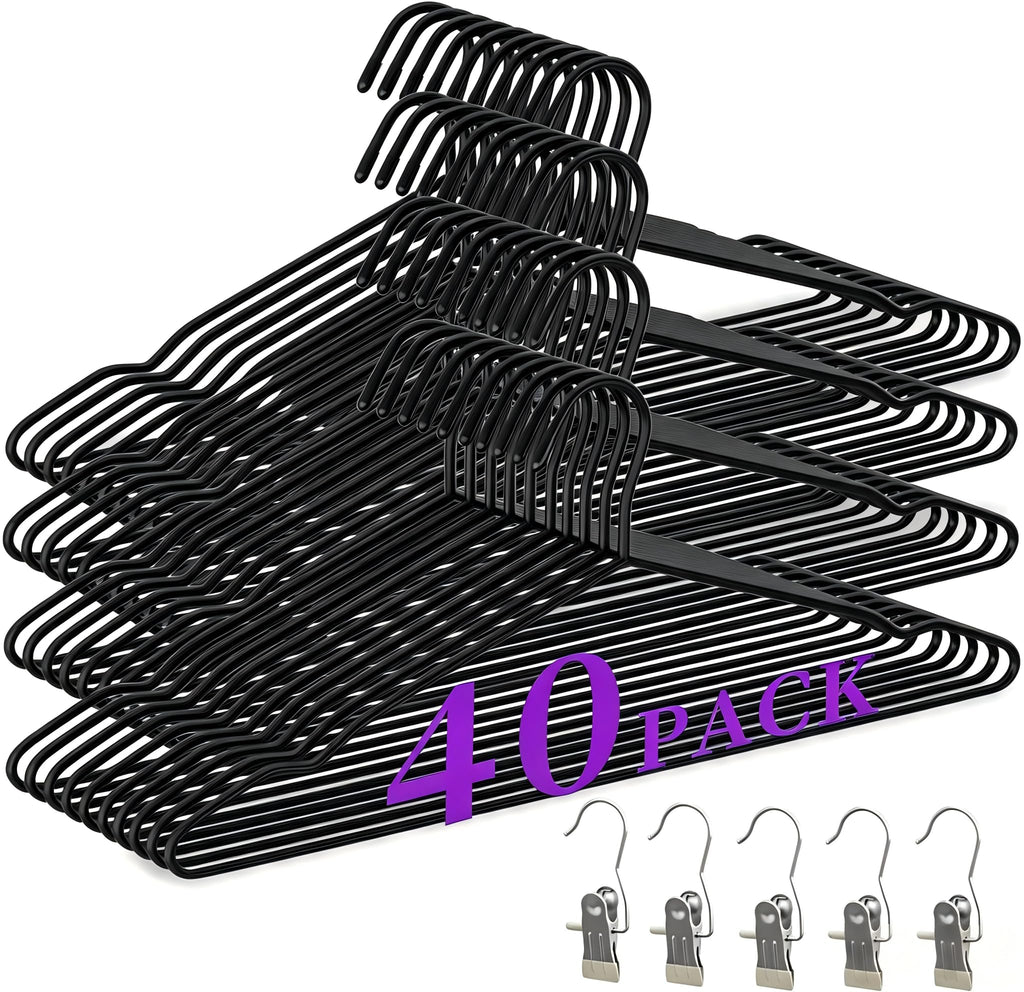 40Pack Metal Hangers+5 Clothes Pins, Heavy Duty Black Metal Hangers