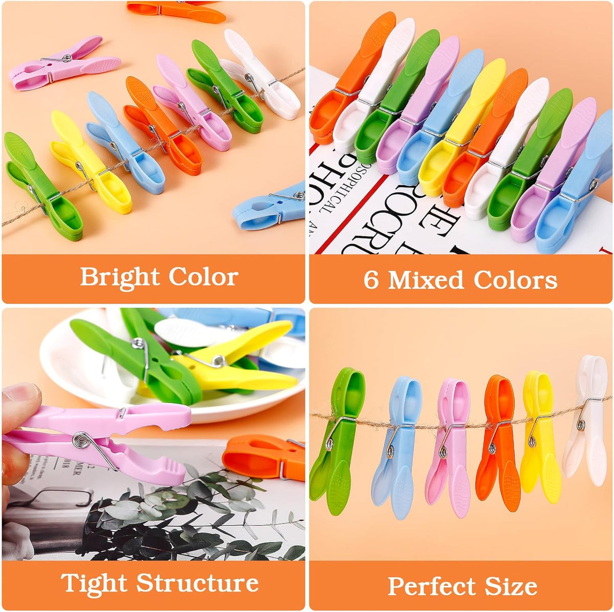 Senbowe 48 Pack Colorful Plastic Clothespins,Heavy Duty Clothes Pins Clips with Springs,Non-Slip Clips for Hanging Clothes,Towels,Crafts,Picture Clips Food Package Clips,Air-Drying Clothing Pin Set