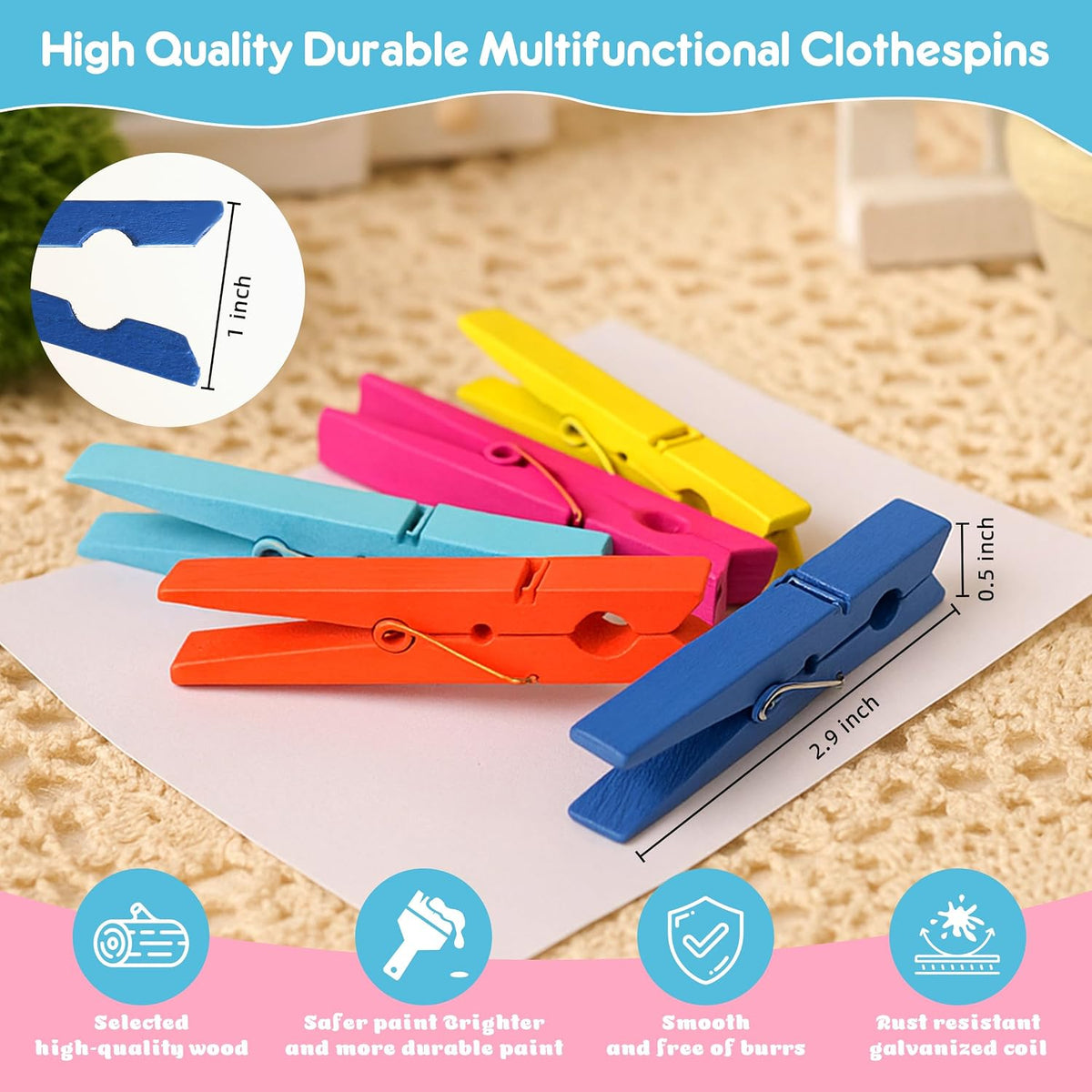 80 Pcs Colored Wooden Clothes Pins 2.9 Inch DIY Crafts Clips